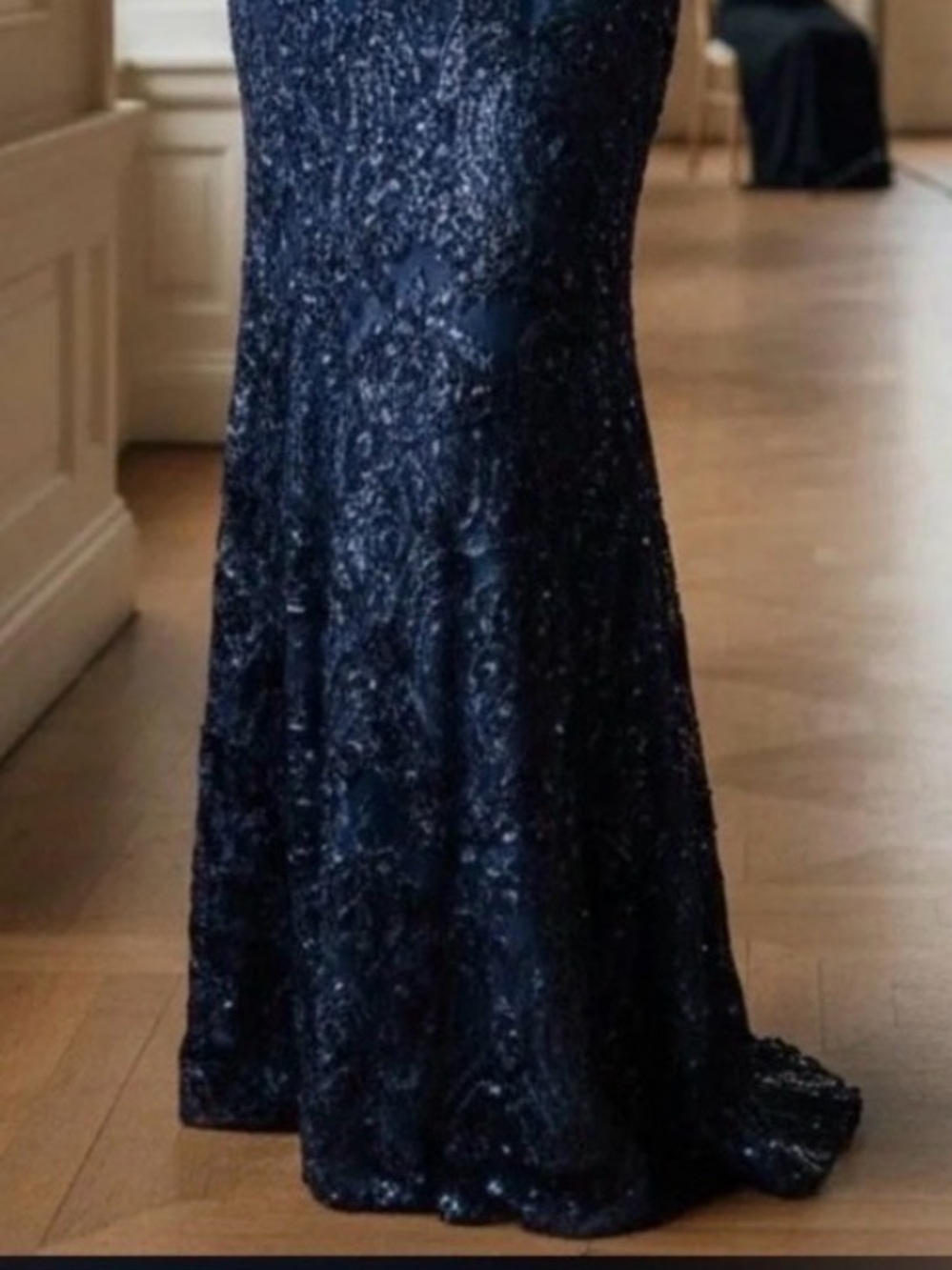 Xscape Off The Shoulder Navy Mermaid Gown. Fits size 14W. Sequin & Soutache. - Picture 6 of 6